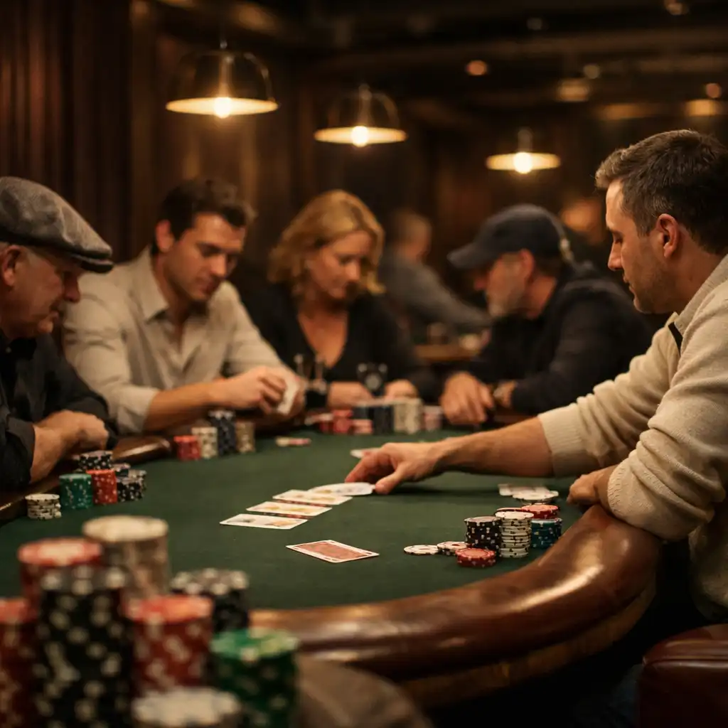 Players engaged in a poker game at a table in the warmly lit Card Haven card lounge