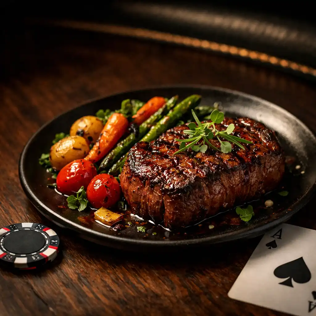 A gourmet grilled steak dish with roasted vegetables, a poker chip and playing card beside the plate