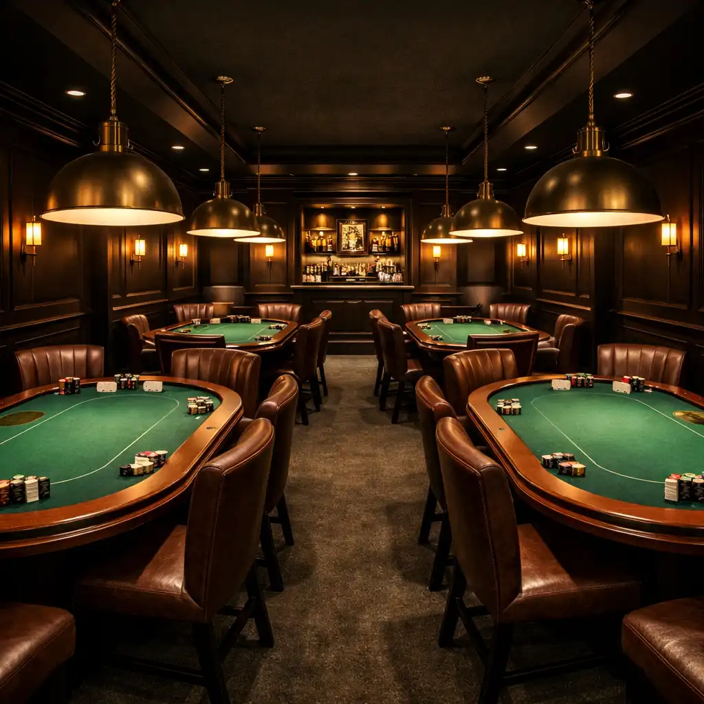 Sophisticated card lounge interior with multiple poker tables, warm pendant lights, and dark timber walls