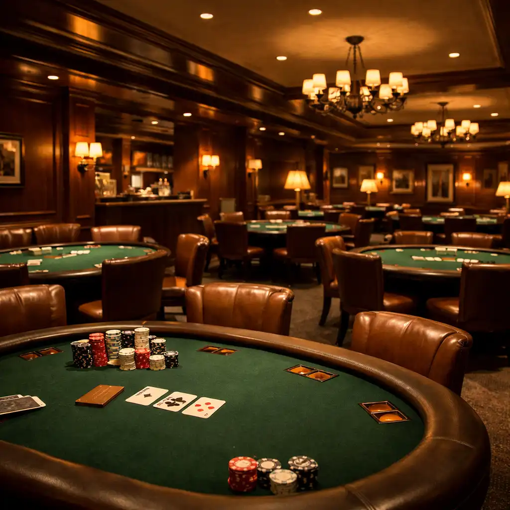 Wide-angle view of a sophisticated card lounge with multiple poker tables, dark timber walls, leather chairs, and warm amber lighting.