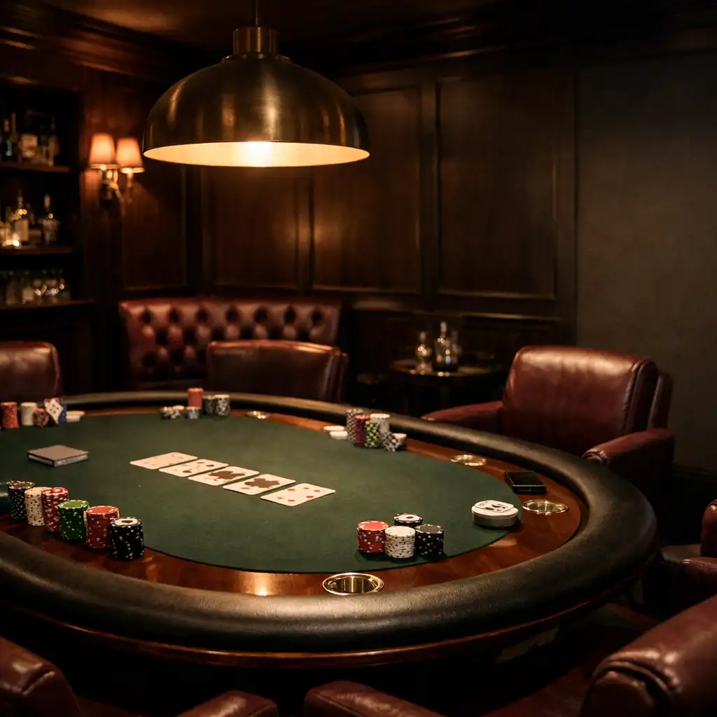 Sophisticated private card lounge with a professional poker table, plush chairs, dark green felt, and warm dim lighting