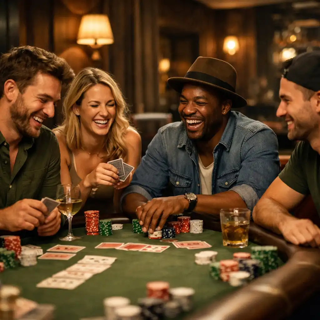 Friends laughing and chatting around a poker table during a relaxed casual poker night