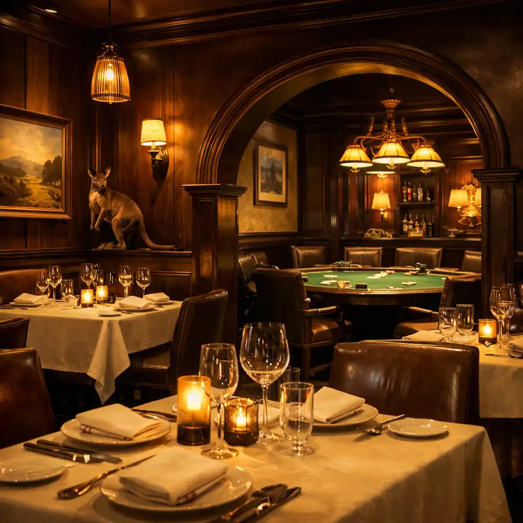 Upscale Australian grillhouse dining room with dark timber paneling, warm lighting, and elegantly set tables