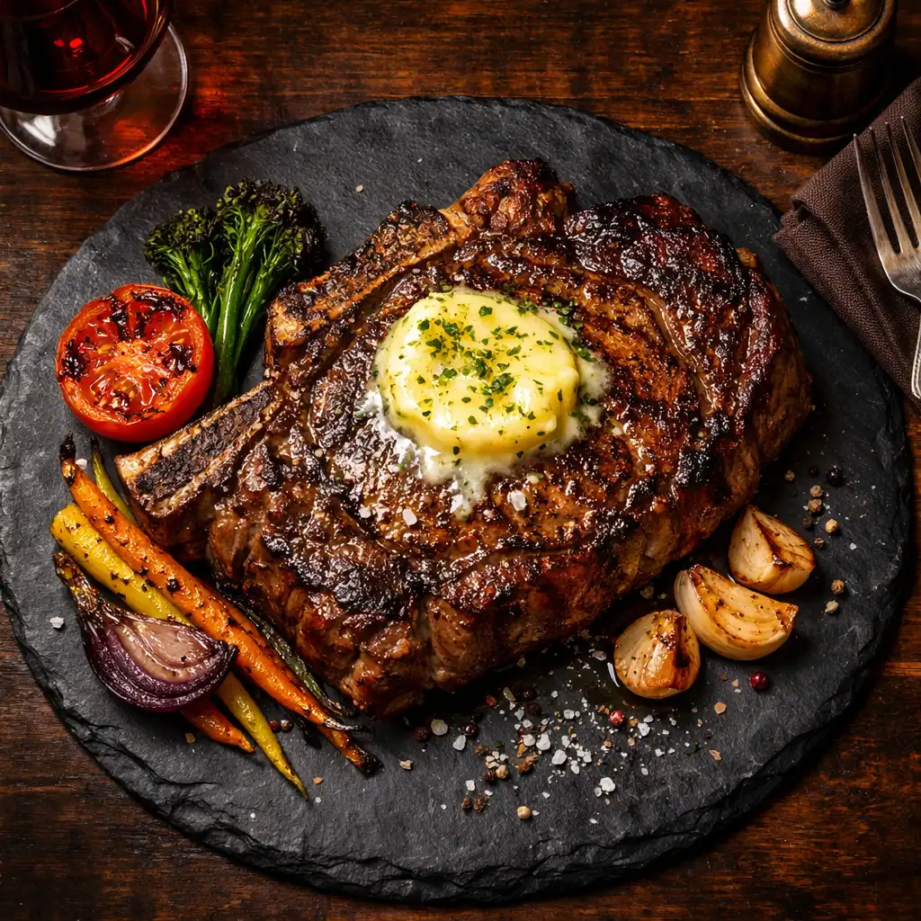 Dry-aged ribeye steak with bone marrow butter on a dark slate plate with charred vegetables
