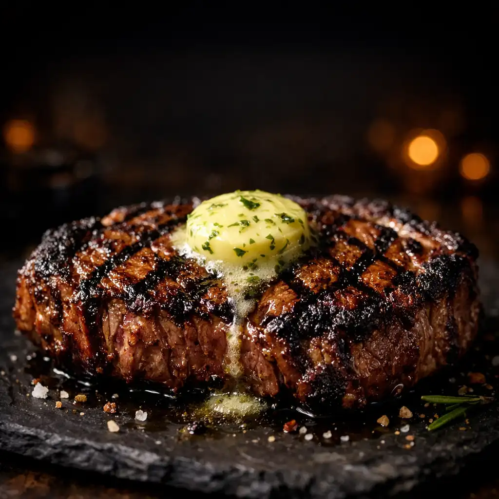 Charred ribeye steak with herb butter on a dark plate in a moody restaurant setting