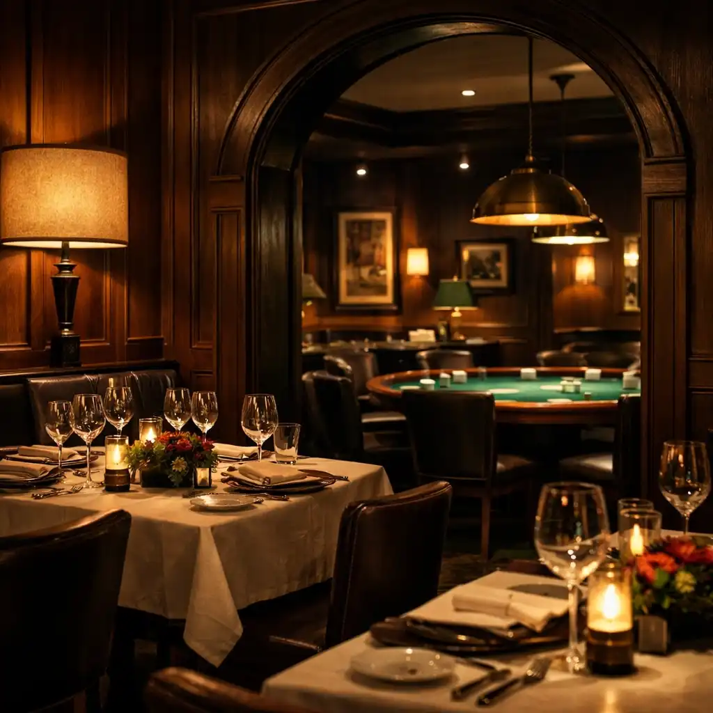 Upscale restaurant interior with dark timber walls, warm lighting, and a view of the card lounge through an archway