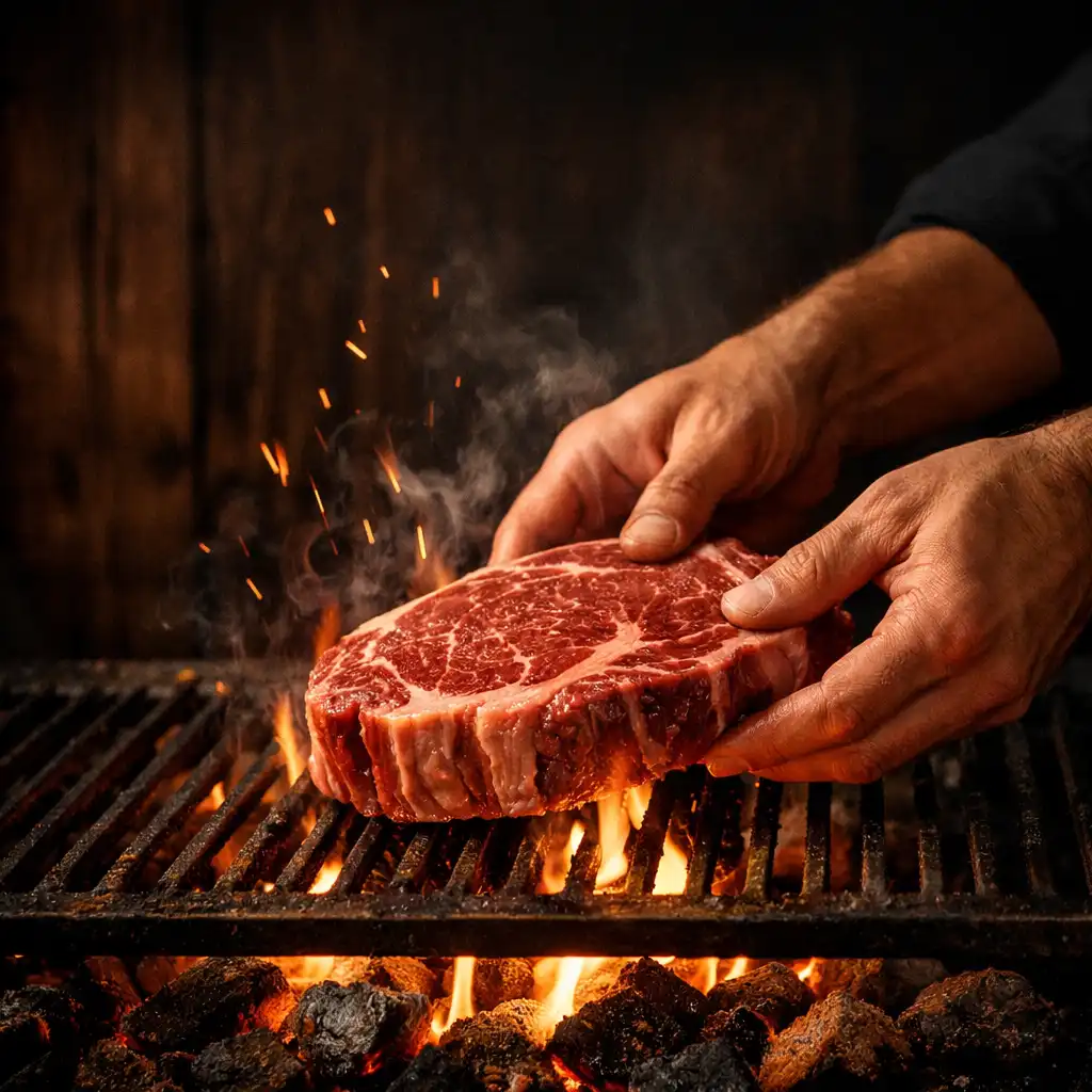 Chef placing a marbled ribeye steak onto a flaming charcoal grill with warm amber lighting