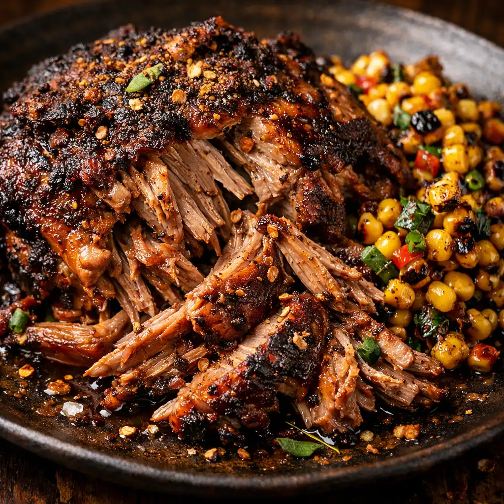 Slow-smoked lamb shoulder with native Australian spices and charred corn salsa