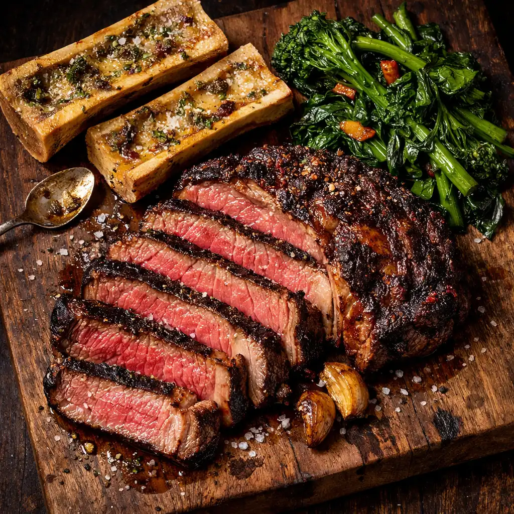 Sliced charred ribeye steak with roasted bone marrow and seasonal greens