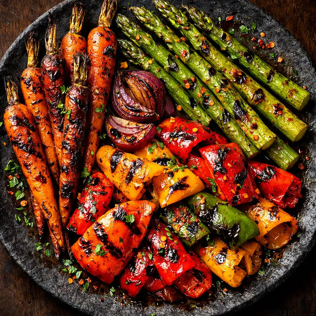 Charred seasonal vegetable platter with smoked paprika oil and herbs