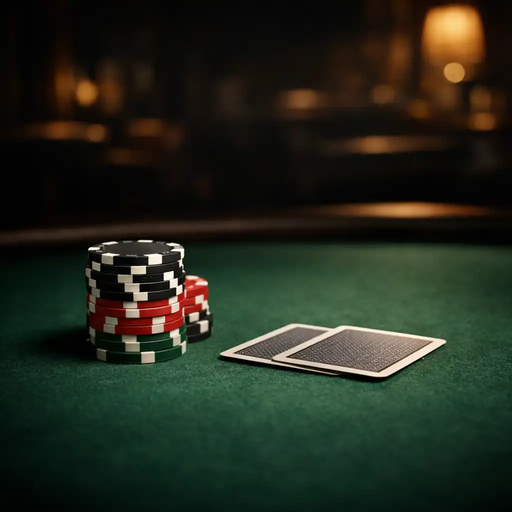 Cinematic close-up of a premium poker table with clay chips and playing cards under warm moody lighting