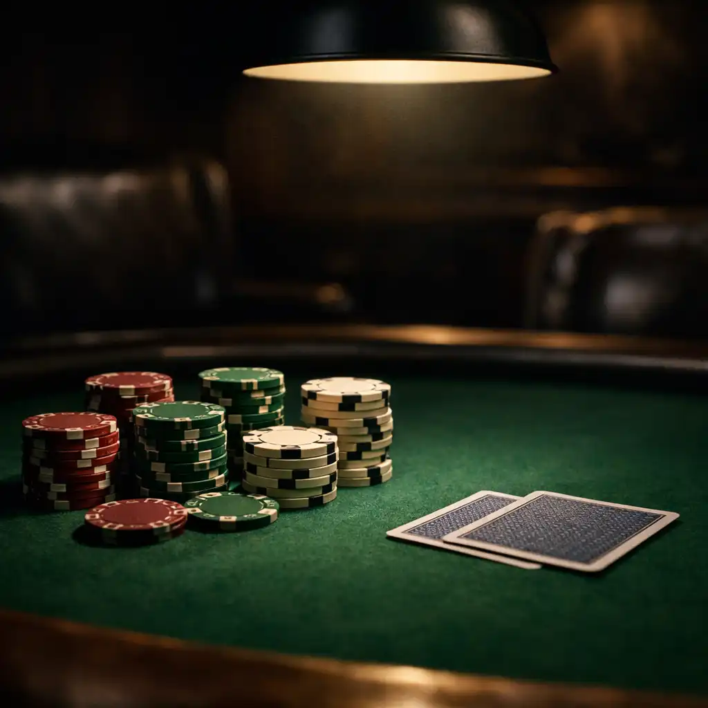 Moody professional poker table with green felt, stacked chips, and playing cards under a single overhead lamp