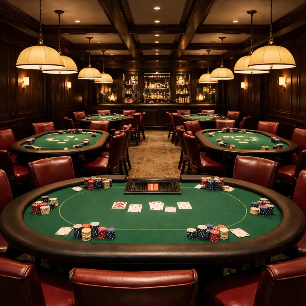 A wide-angle view of the private card lounge with multiple poker tables, dark timber paneling, and warm pendant lighting