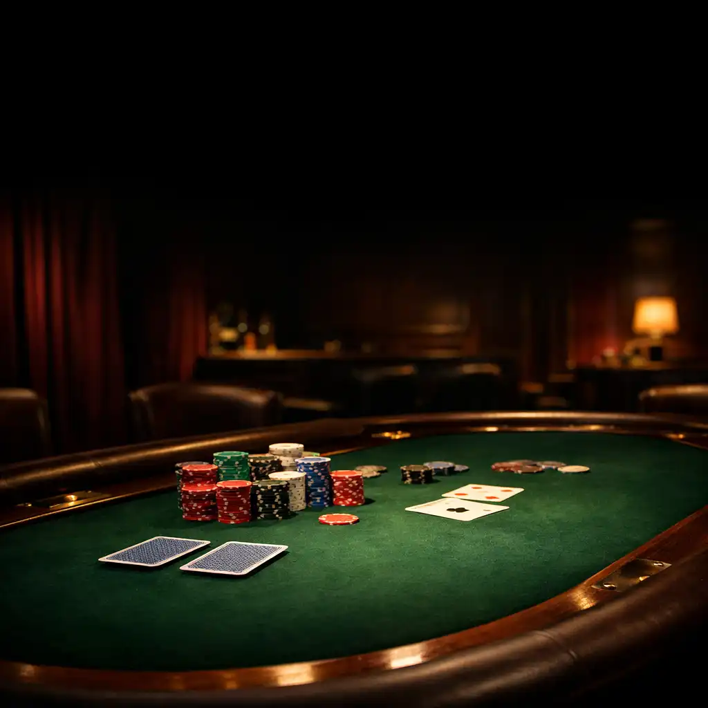 A premium poker table in a dark, moody card lounge with chips and cards under warm lighting