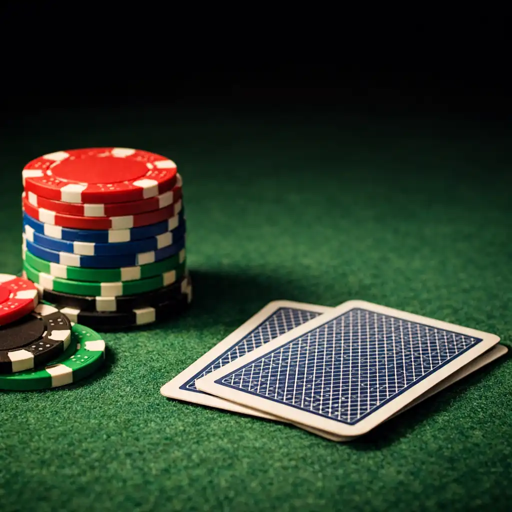 Close-up of a poker table surface with green felt, clay chips, and playing cards under warm directional lighting.