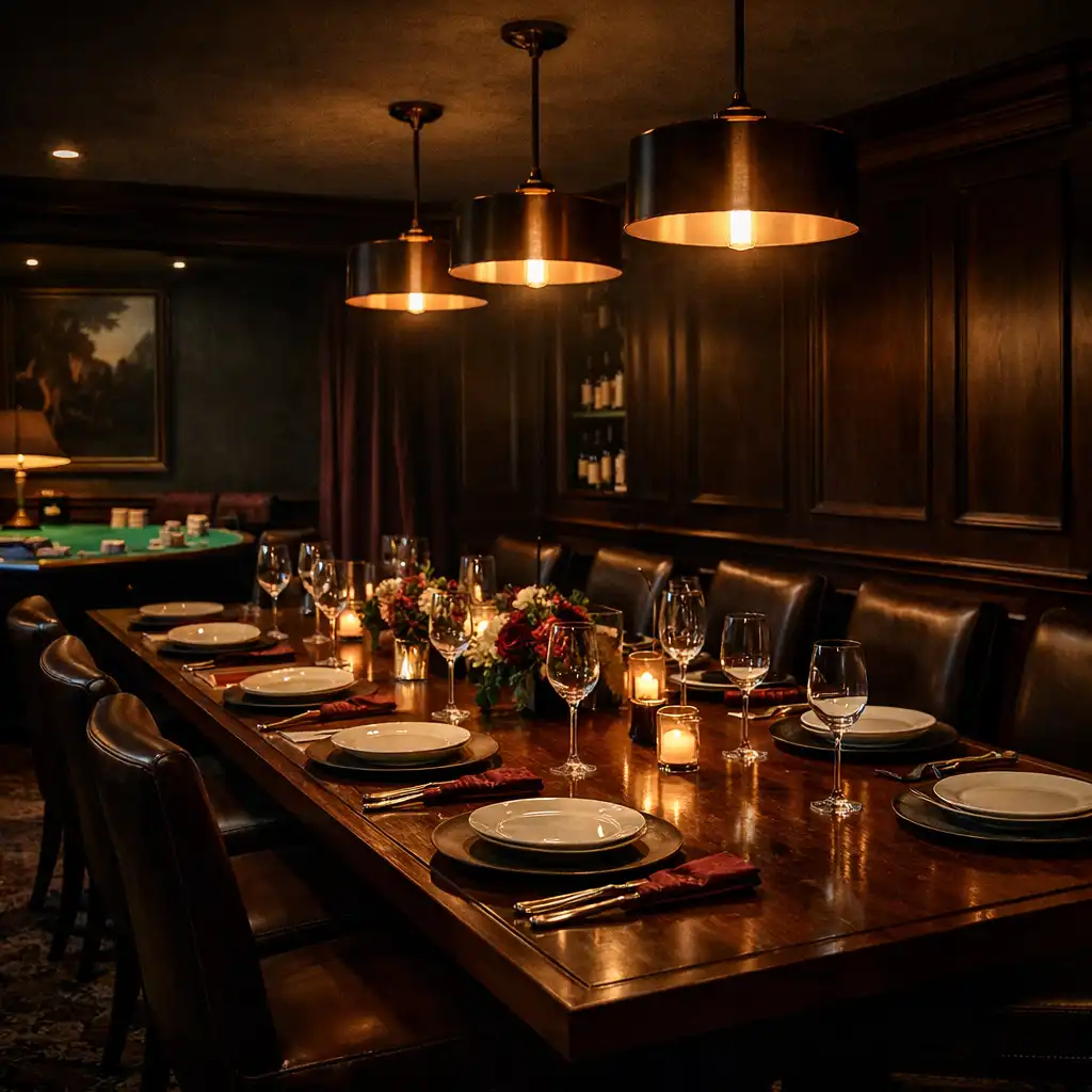 Elegant private dining room with dark timber paneling, a long table set with fine china, and a subtle poker table in the background