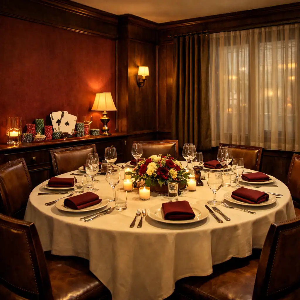 Warm private dining room with a round table set for eight guests, burgundy accent wall, and poker chips arranged on a sideboard