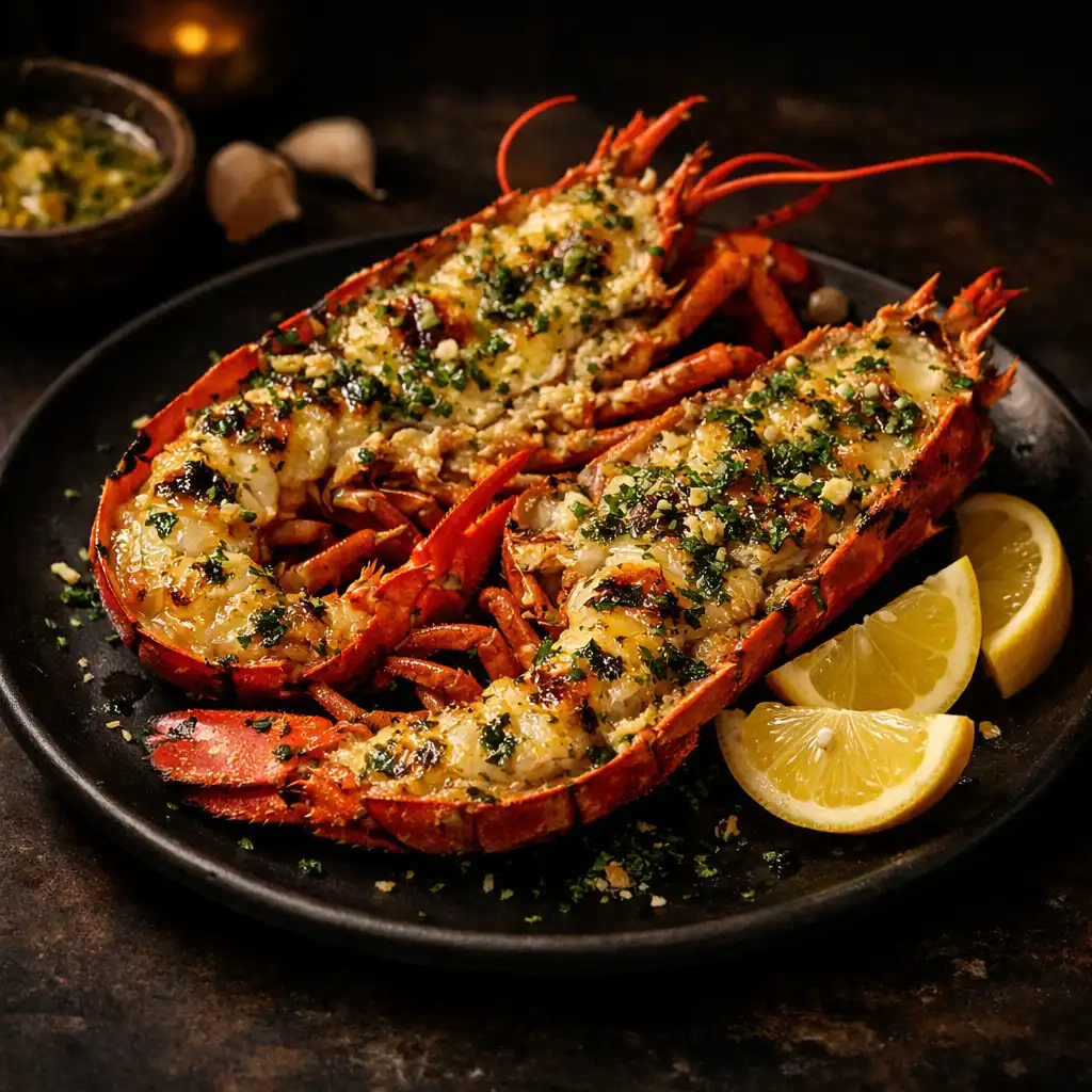 Whole grilled lobster split in half with garlic butter and herbs on a dark plate with lemon wedges
