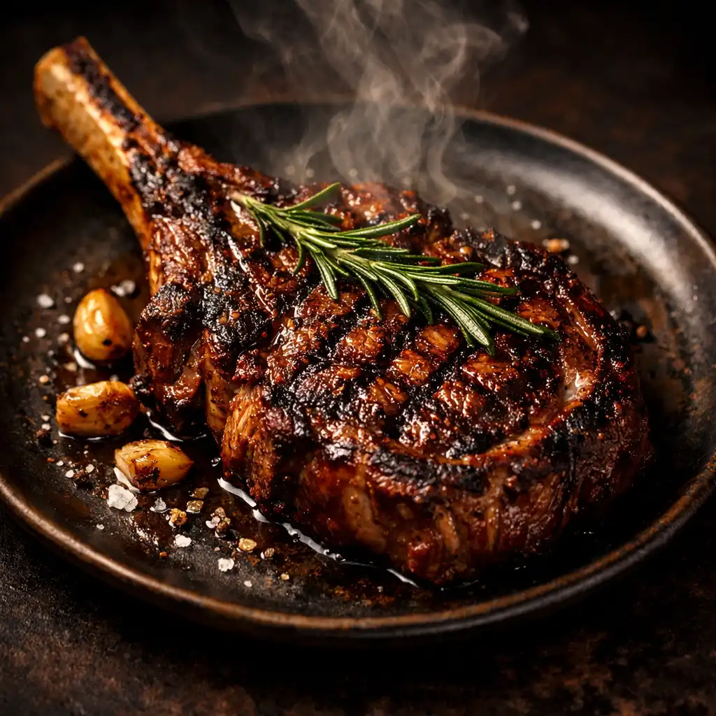 Signature grilled tomahawk steak with char marks, rosemary, and steam rising on a dark ceramic plate