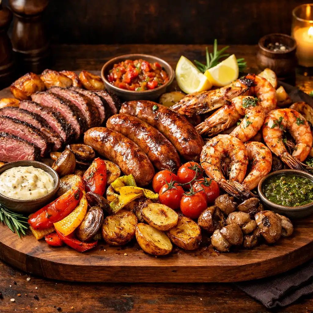 Generous platter of mixed grilled meats and seafood on a large wooden board with roasted vegetables and dipping sauces