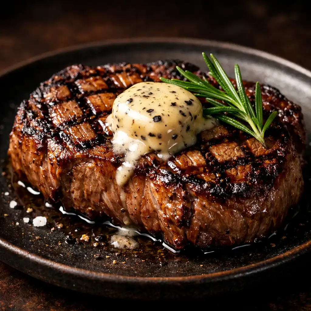 Thick-cut ribeye steak with grill marks, rosemary, and truffle butter on a dark ceramic plate