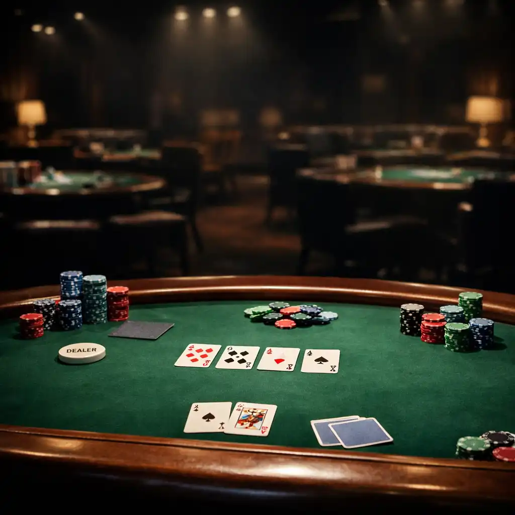 Professional poker table during a tournament with chips, cards, and dramatic spotlight
